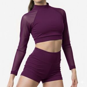 Theatricals eggplant purple Mesh Long Sleeve Crop Top High Rise Dance Shorts Set
